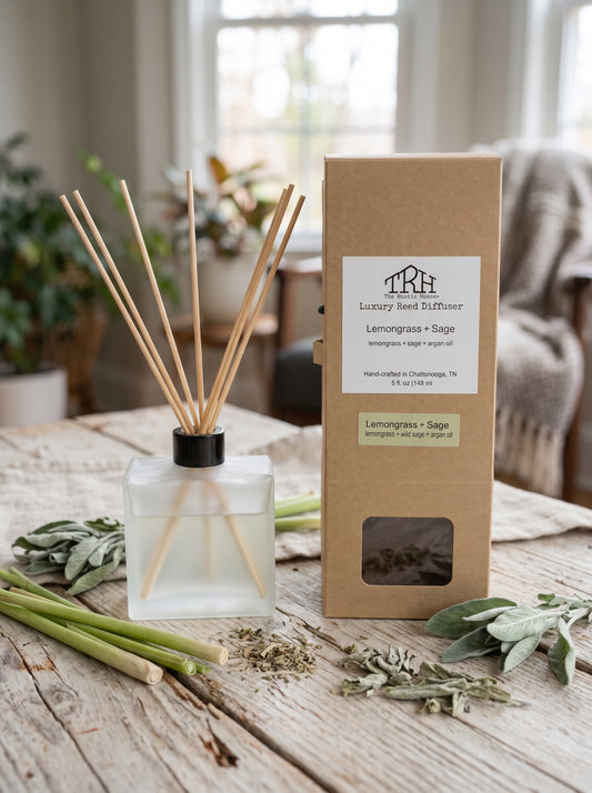 Lemongrass + Sage reed diffuser in a styled lifestyle setting