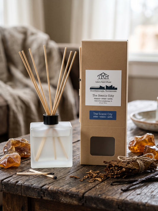 The Scenic City reed diffuser in a styled lifestyle setting