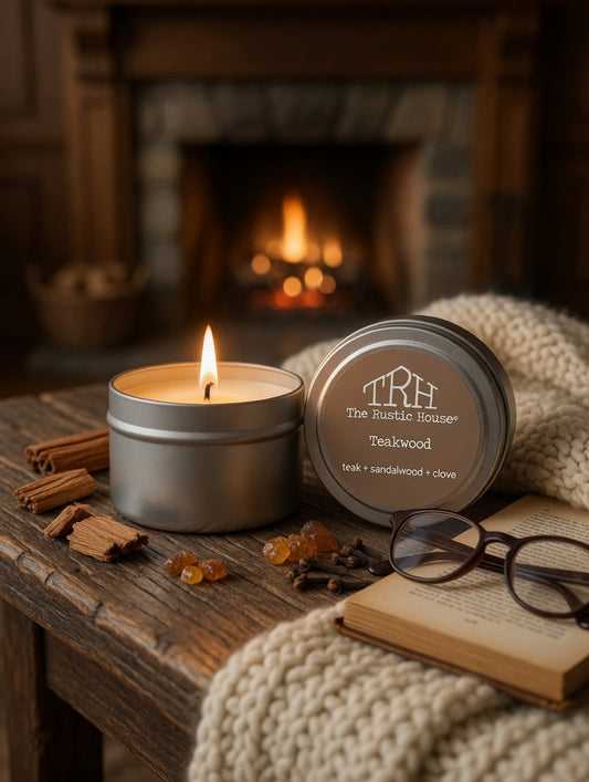 Teakwood travel tin in a styled lifestyle setting