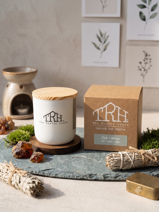 Oak + Moss candle in a styled lifestyle setting