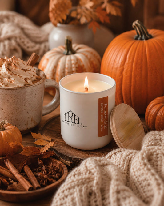 Pumpkin Chai candle in a styled lifestyle setting