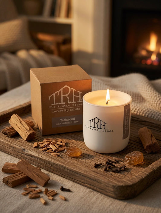 Teakwood candle in a styled lifestyle setting