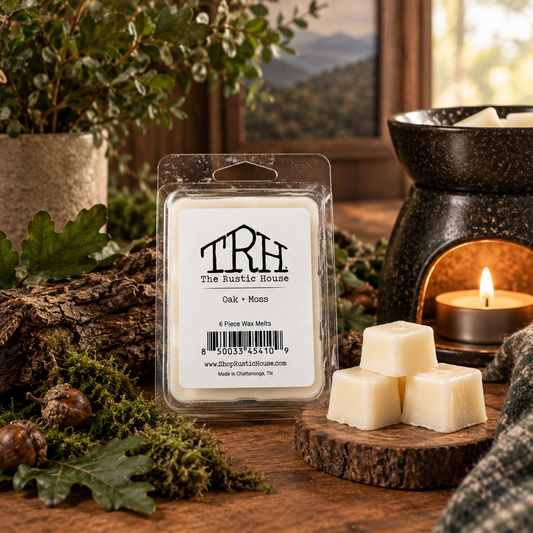 Oak + Moss wax melt in a styled lifestyle setting