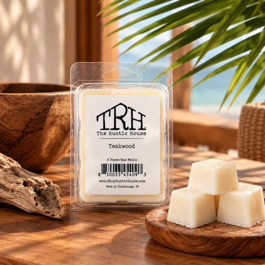 Teakwood wax melt in a styled lifestyle setting