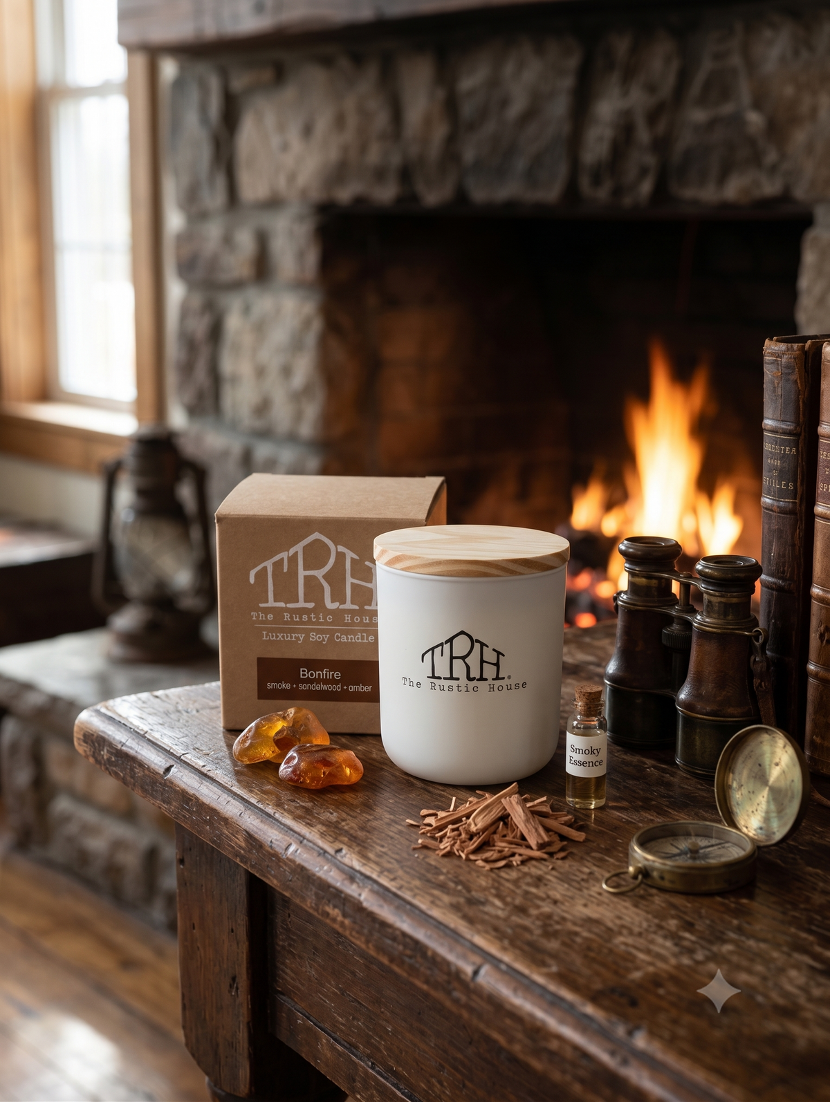 Bonfire candle in a styled lifestyle setting