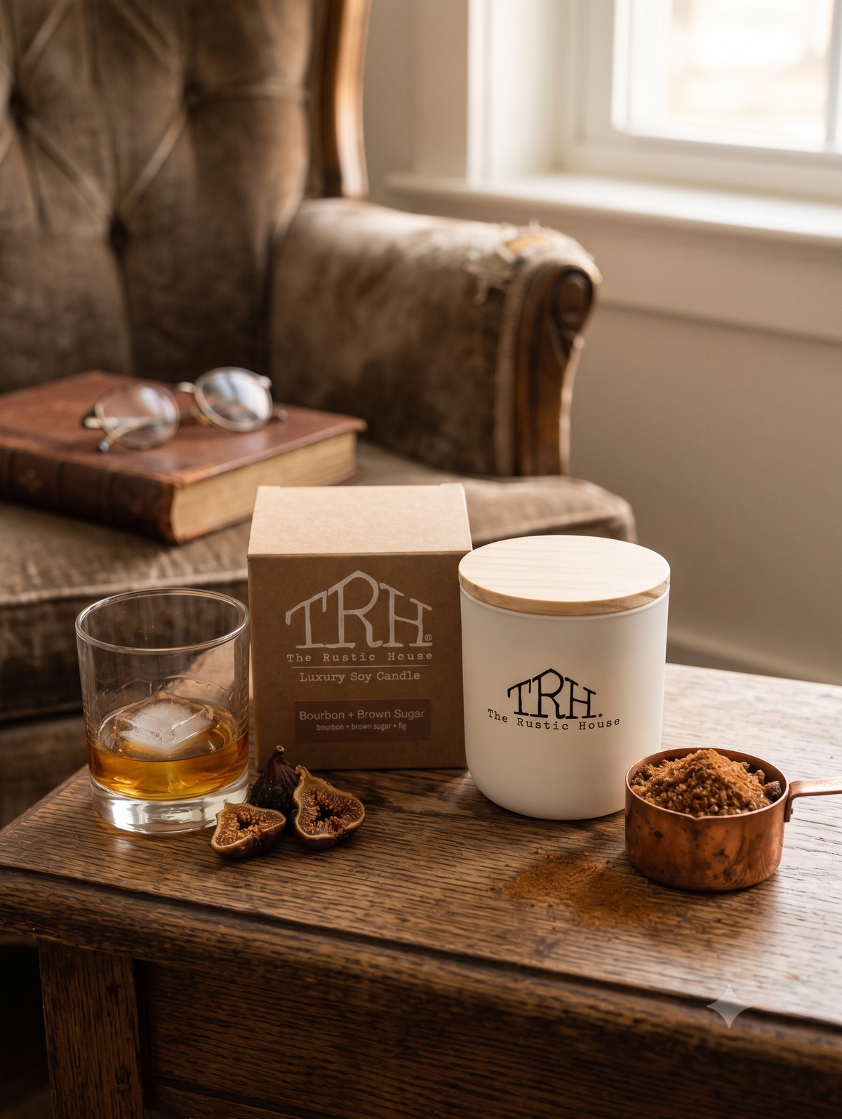 Bourbon + Brown Sugar candle in a styled lifestyle setting