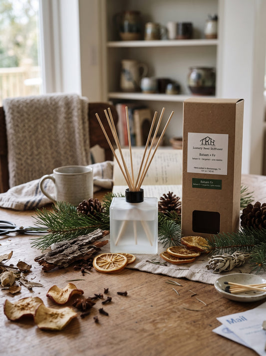 Balsam Fir reed diffuser in a styled lifestyle setting