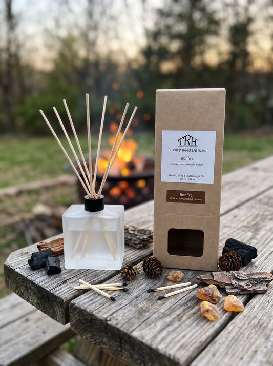 Bonfire reed diffuser in a styled lifestyle setting