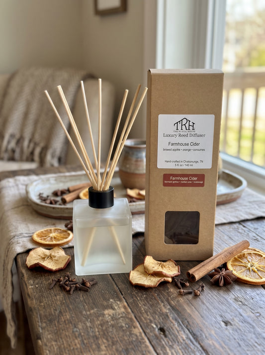 Farmhouse Cider reed diffuser in a styled lifestyle setting