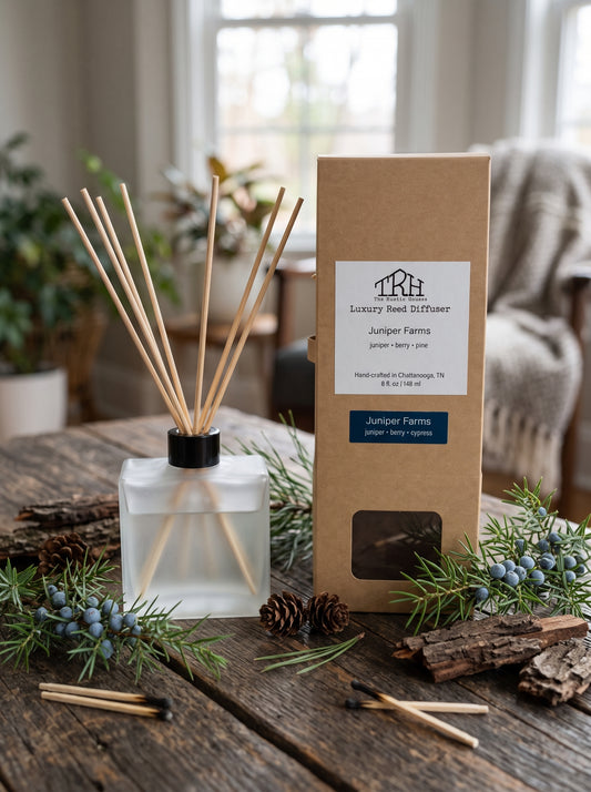 Juniper Farms reed diffuser in a styled lifestyle setting