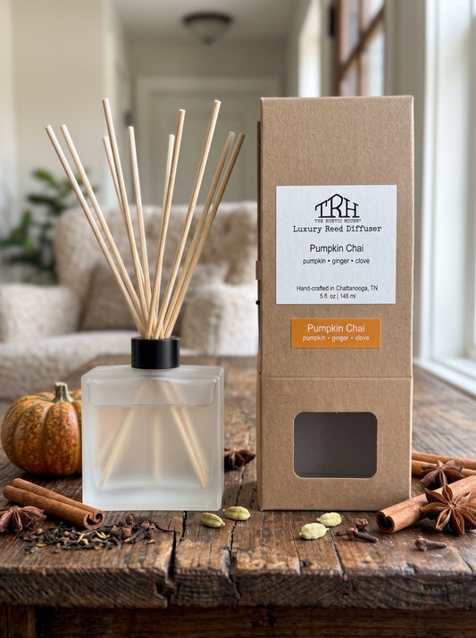Pumpkin Chai reed diffuser in a styled lifestyle setting