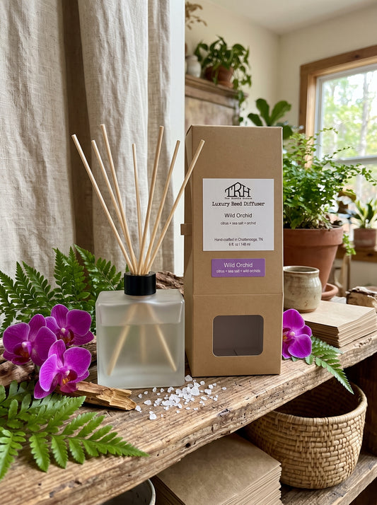 Wild Orchid reed diffuser in a styled lifestyle setting
