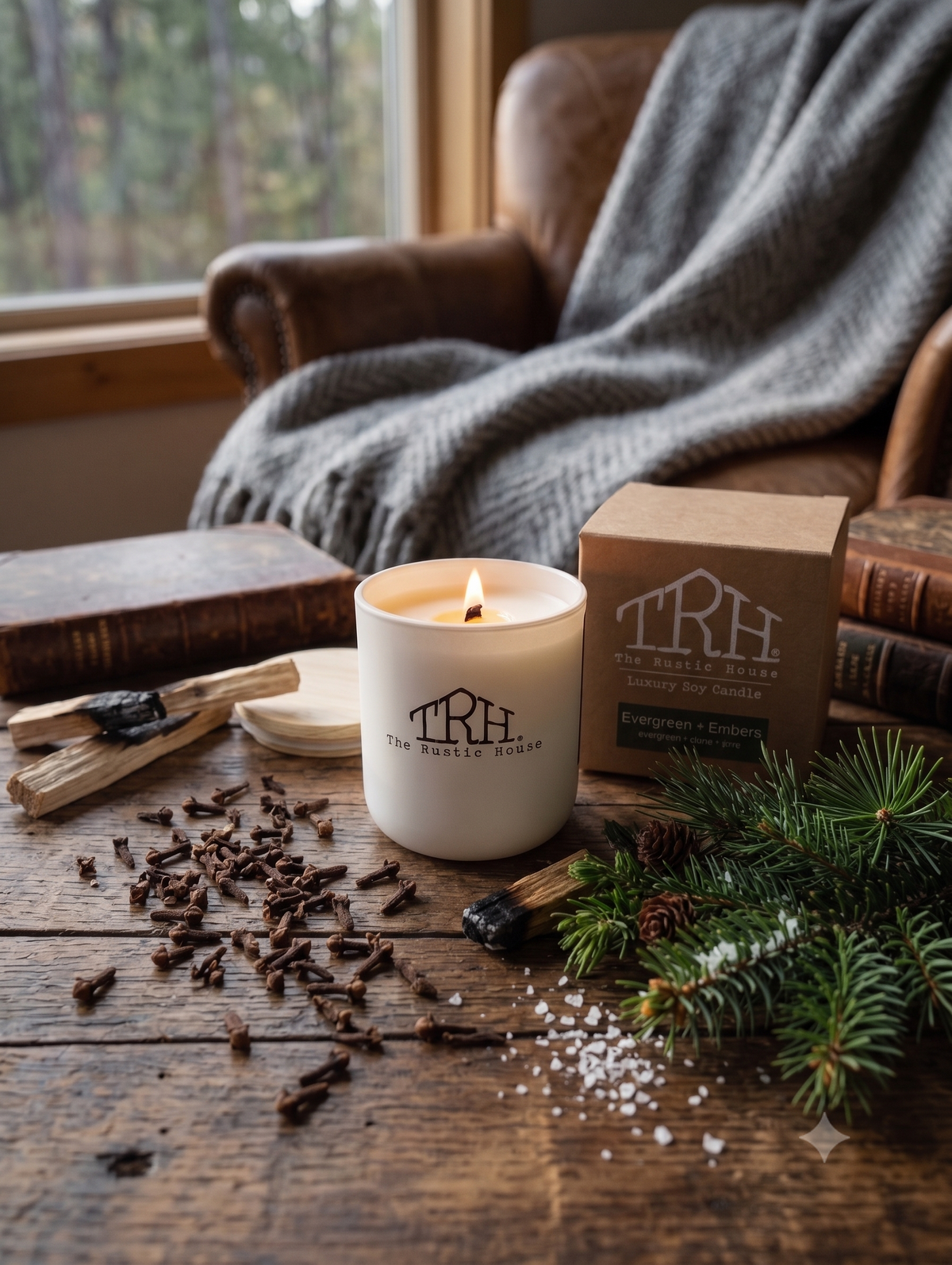 Evergreen + Embers candle in a styled lifestyle setting