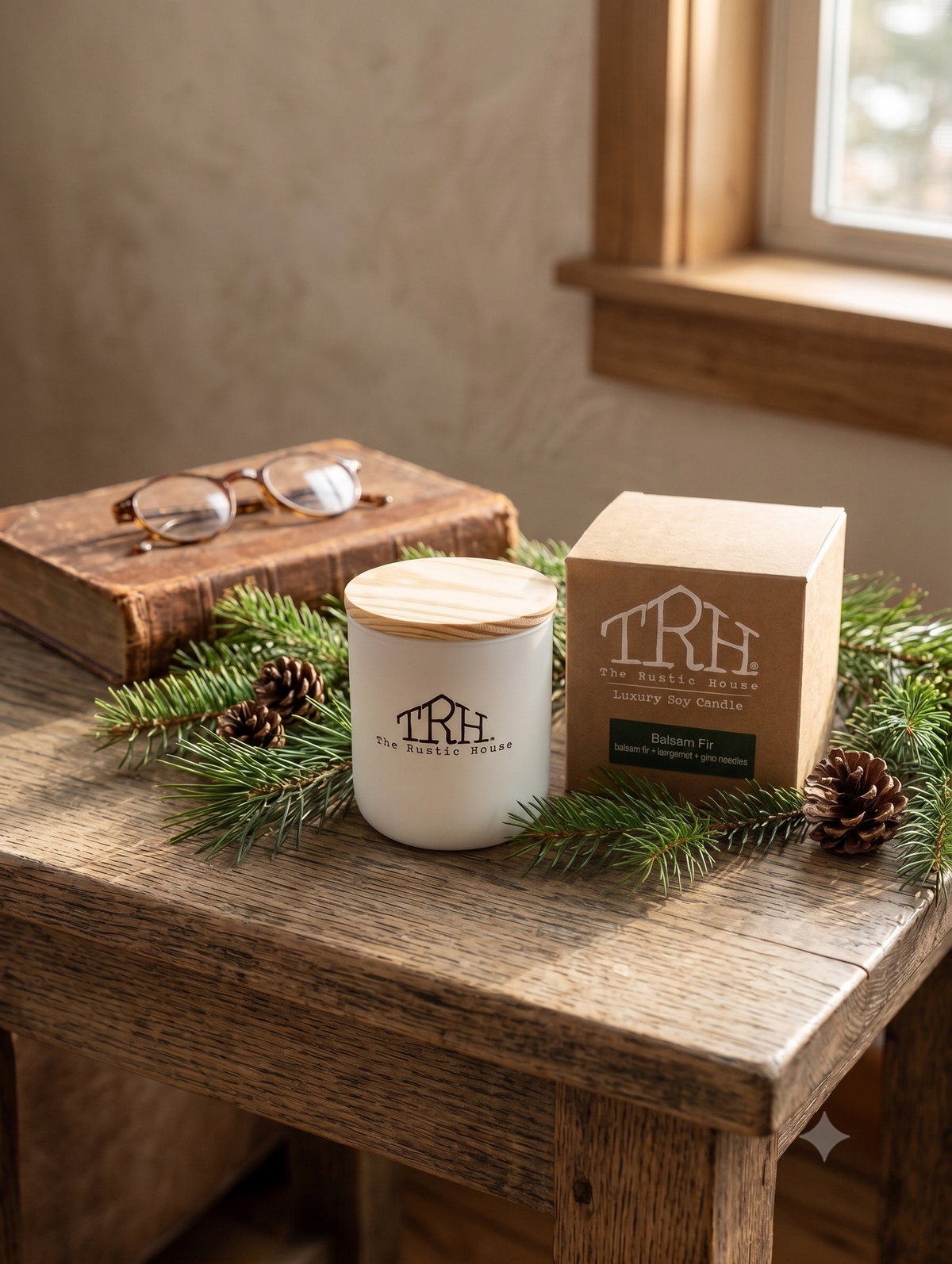 Balsam Fir candle in a styled lifestyle setting