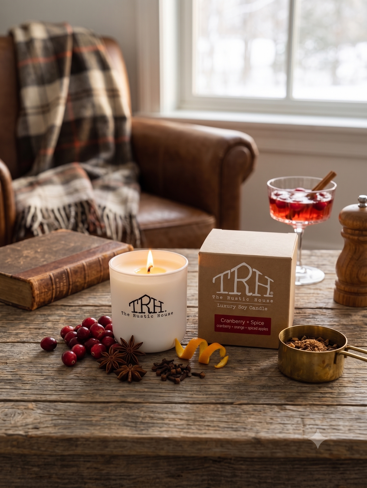 Cranberry + Spice candle in a styled lifestyle setting