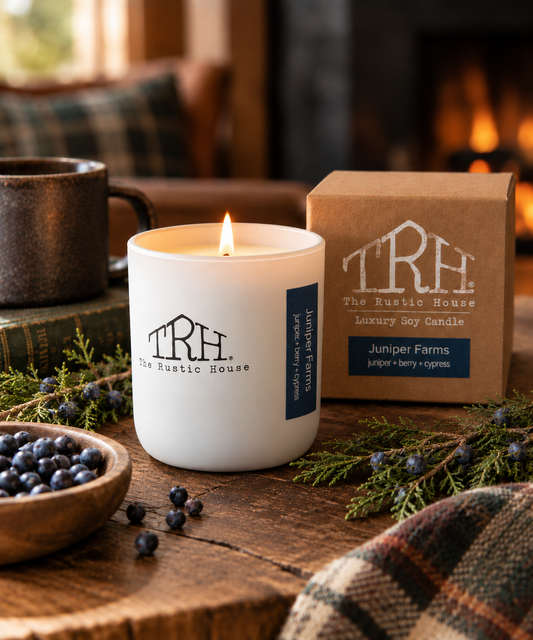 Juniper Farms candle in a styled lifestyle setting