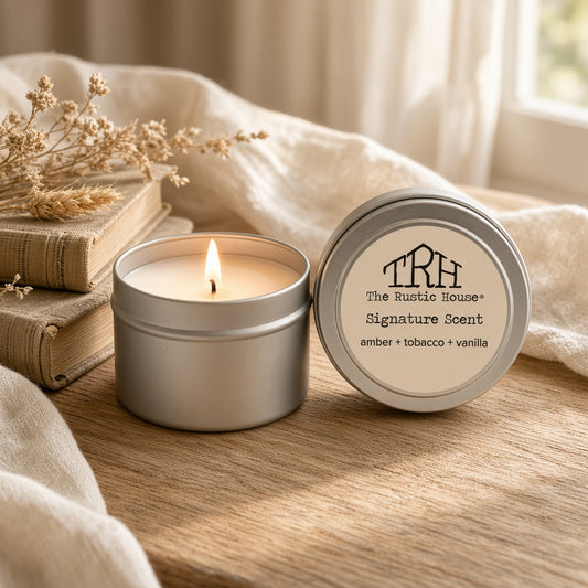 Signature Scent travel tin in a styled lifestyle setting