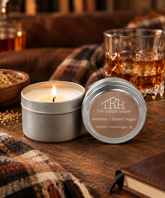 Bourbon + Brown Sugar travel tin in a styled lifestyle setting