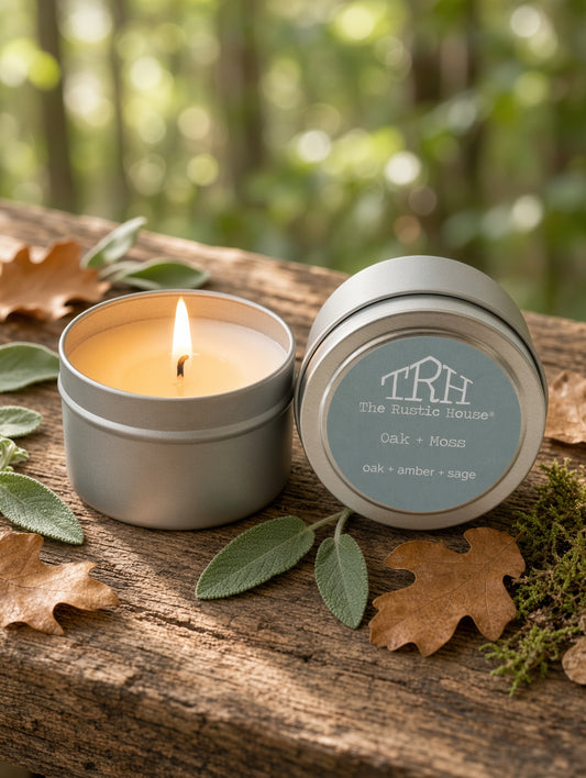 Oak + Moss travel tin in a styled lifestyle setting