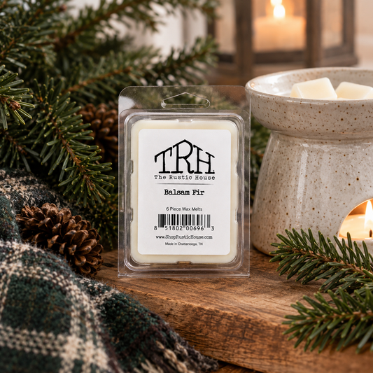 Balsam Fir wax melt in a styled lifestyle setting