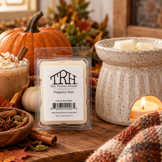 Pumpkin Chai wax melt in a styled lifestyle setting